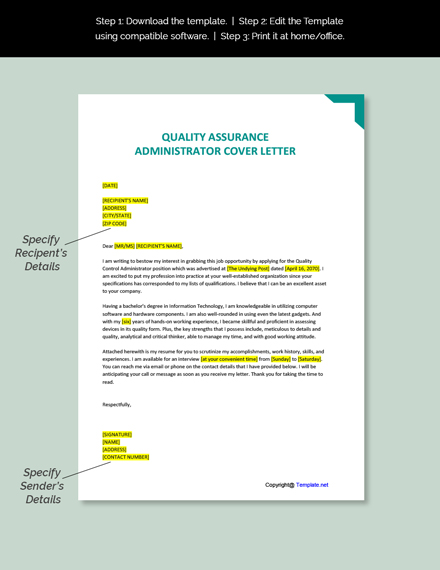 Quality Assurance Administrator Cover Letter Template