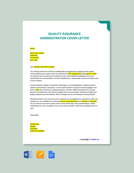 Quality Assurance Administrator Cover Letter
