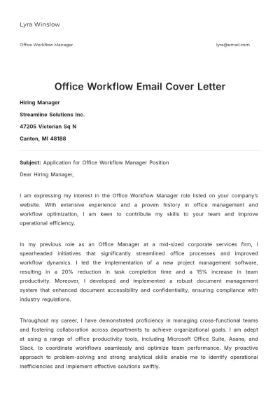 Free Office Workflow Email Cover Letter to Edit Online