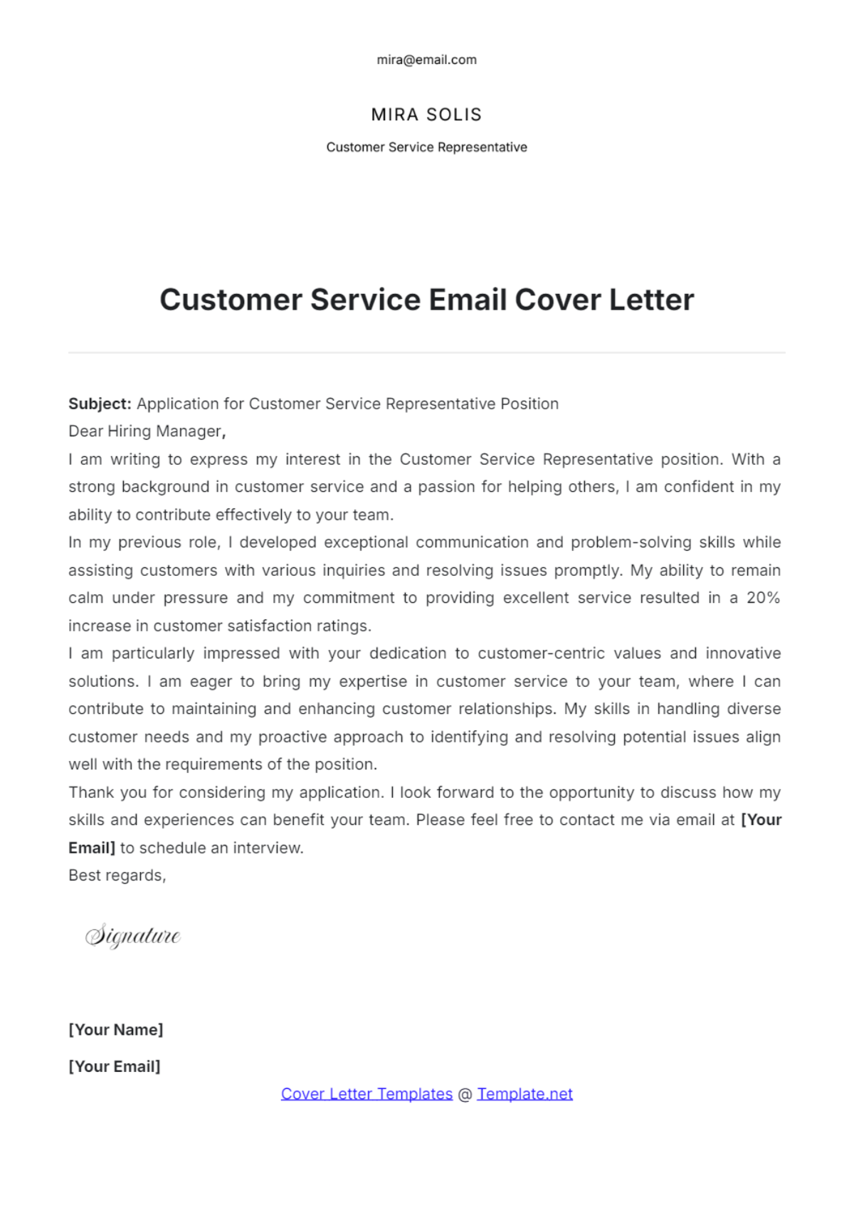 Customer Service Email Cover Letter - Edit Online & Download