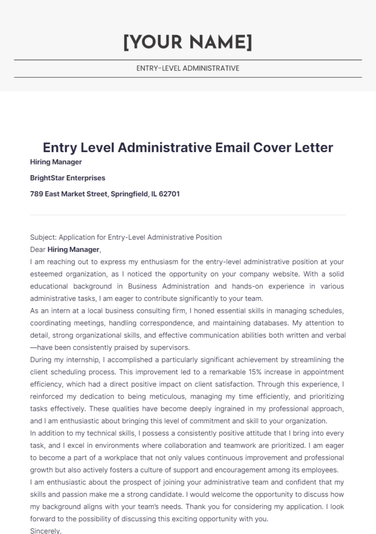 Entry Level Administrative Email Cover Letter