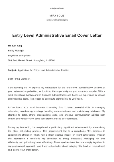 Free Entry Level Administrative Email Cover Letter to Edit Online