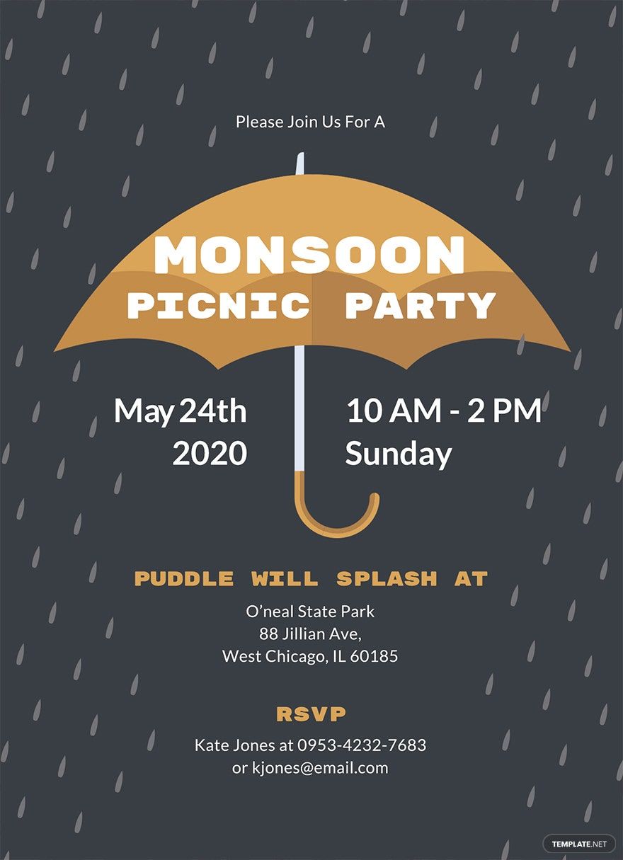 Monsoon Picnic Party Invitation Template in Word, Google Docs, Illustrator, PSD, Apple Pages, Publisher, Outlook