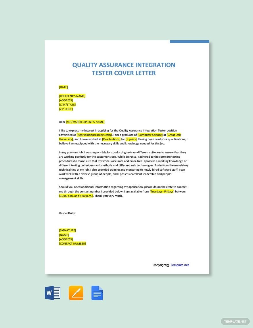 Quality Assurance Integration Tester Cover Letter