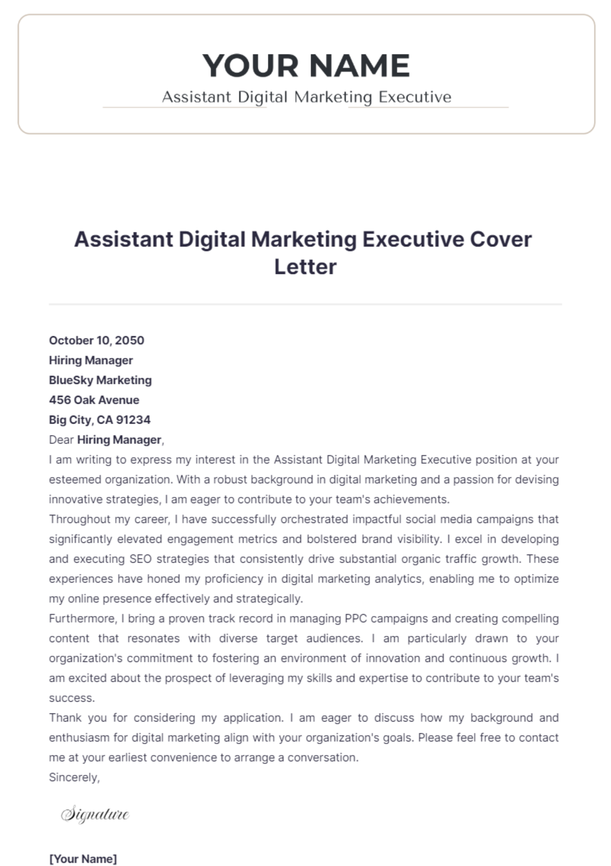 Assistant Digital Marketing Executive Cover Letter - Edit Online & Download