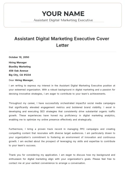 Free Assistant Digital Marketing Executive Cover Letter to Edit Online