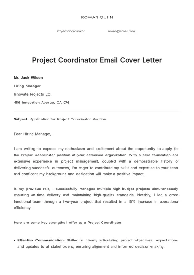 Free Project Coordinator Email Cover Letter to Edit Online