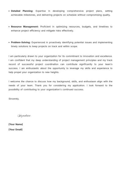 Free Project Coordinator Email Cover Letter to Edit Online