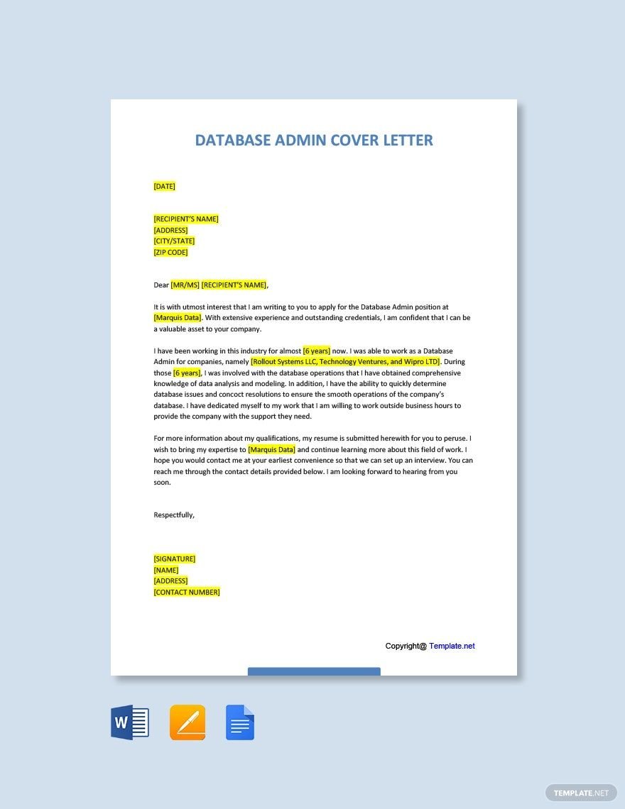 Database Admin Cover Letter Template