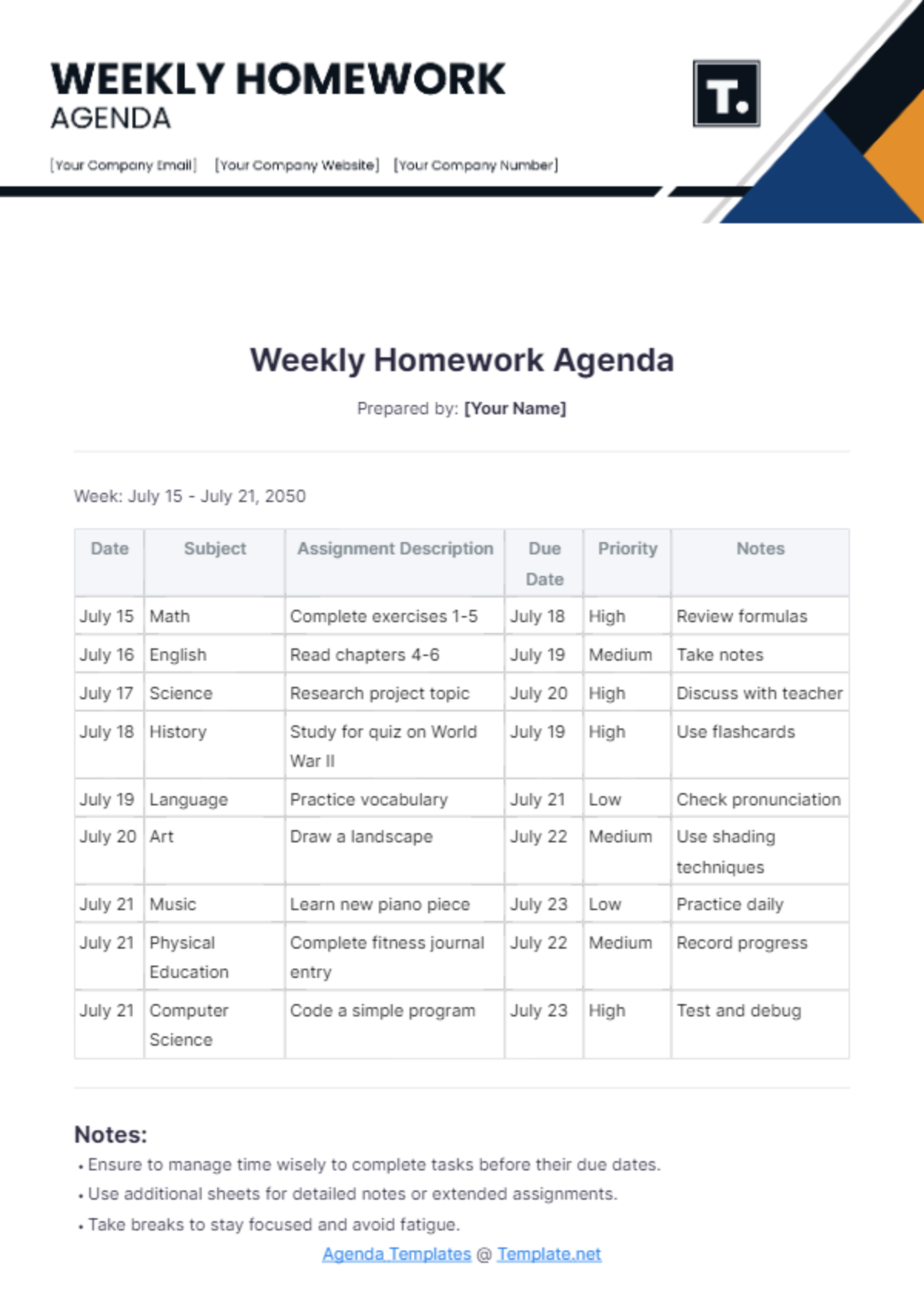 Weekly Homework Agenda Template - Edit Online & Download