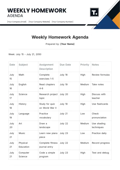 Free Weekly Homework Agenda Template to Edit Online