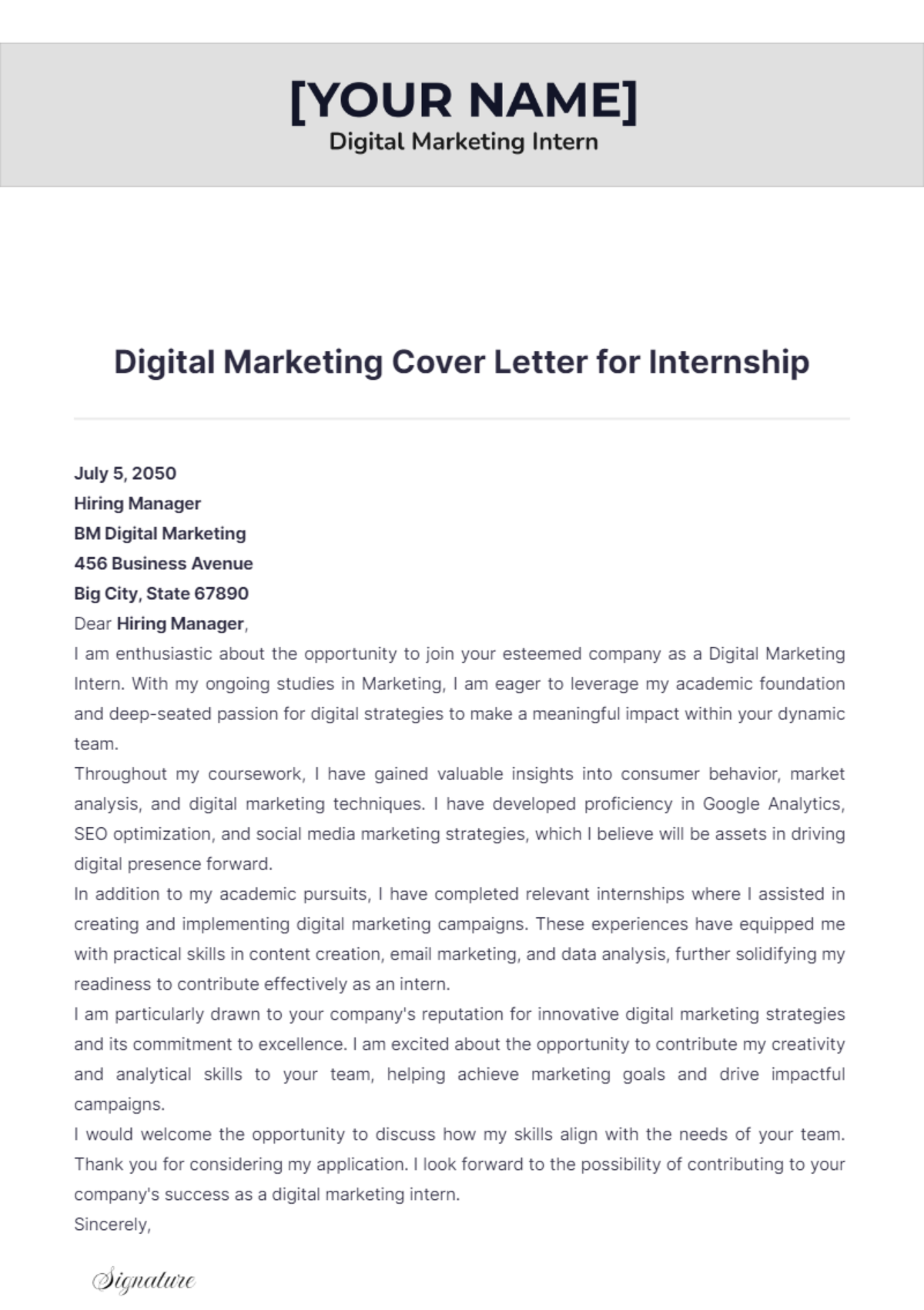 Digital Marketing Cover Letter for Internship - Edit Online & Download