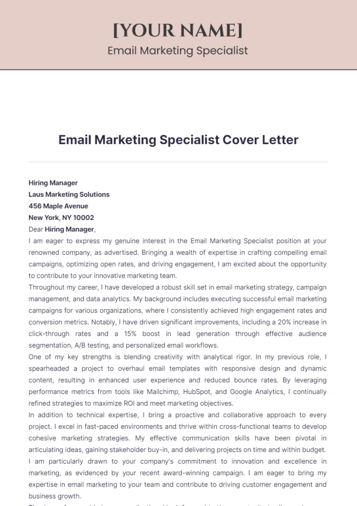 Email Marketing Specialist Cover Letter - Edit Online & Download