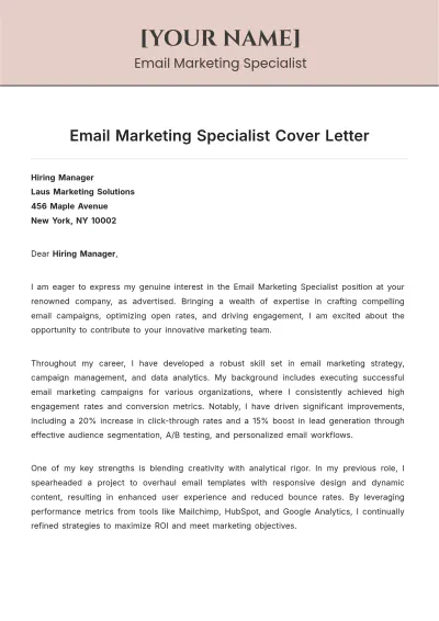 Free Email Marketing Specialist Cover Letter to Edit Online