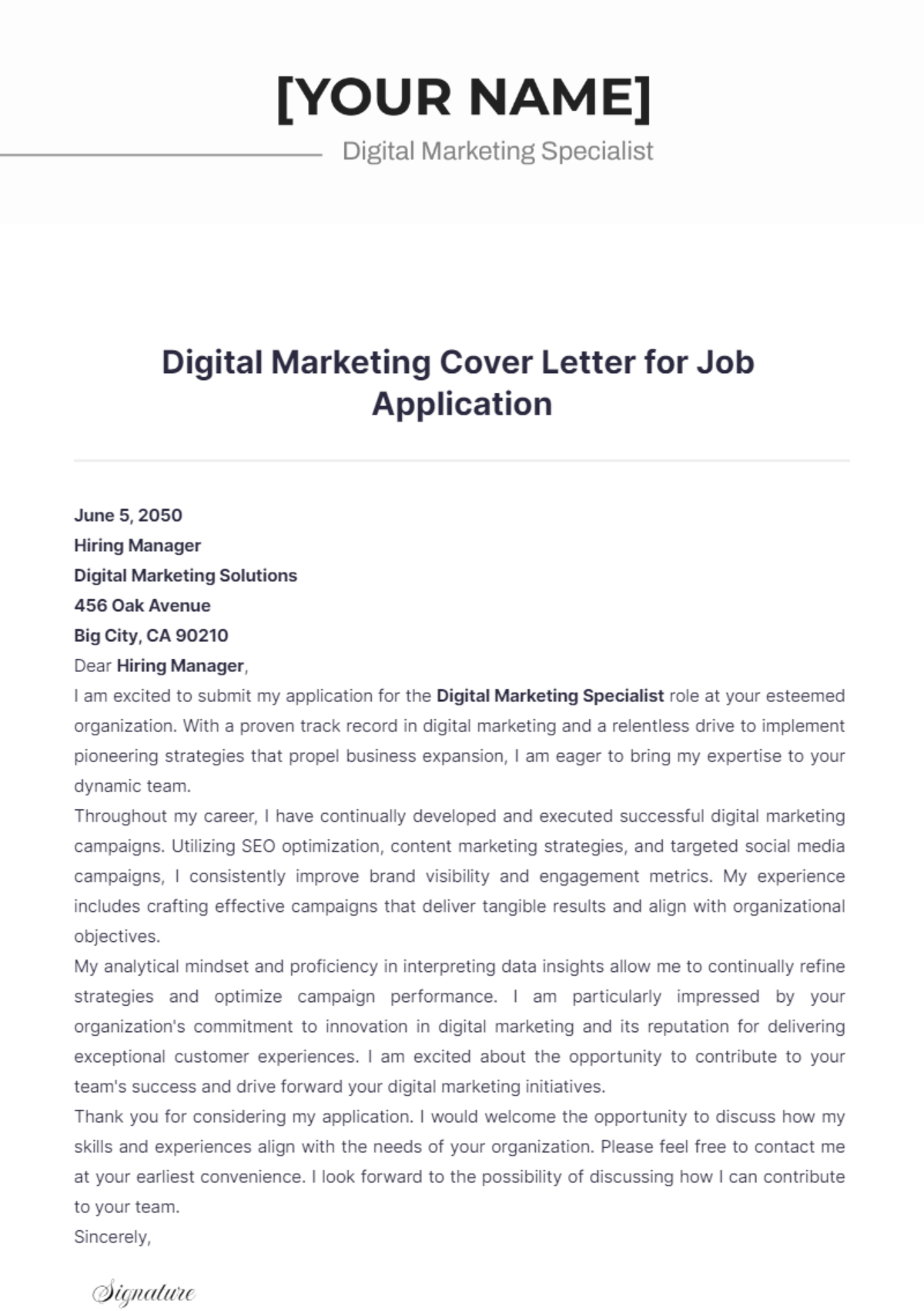 Digital Marketing Cover Letter for Job Application - Edit Online & Download