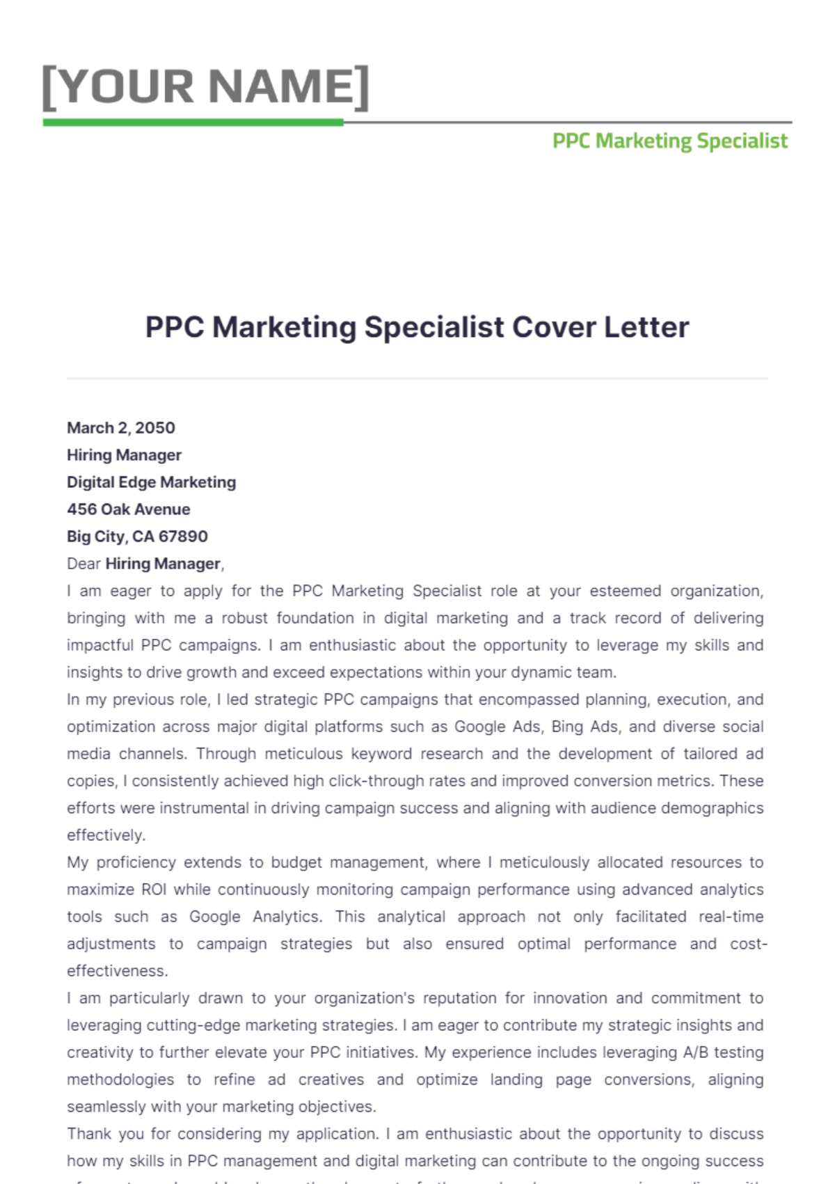 PPC Marketing Specialist Cover Letter - Edit Online & Download