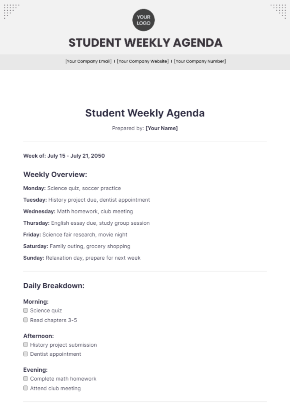 Student Weekly Agenda Template - Edit Online & Download