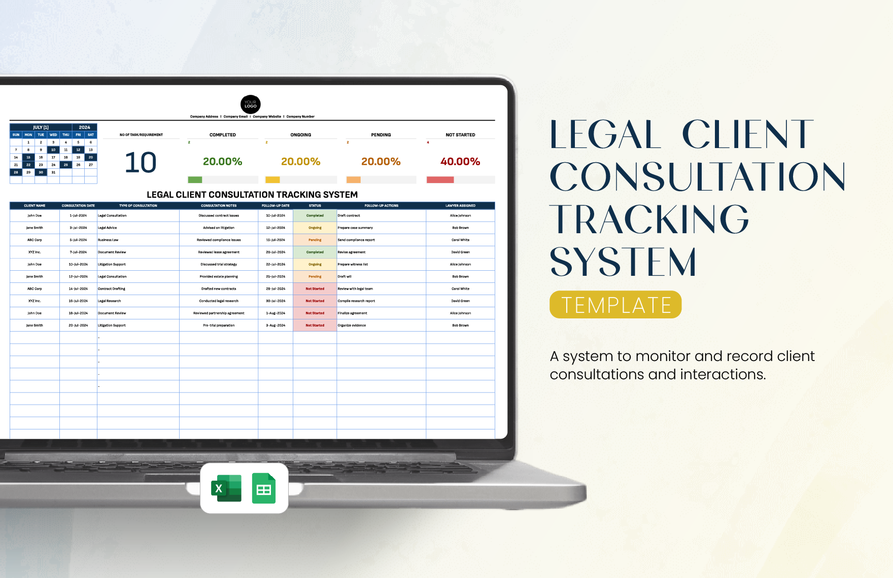 Legal Client Consultation Tracking System Template in Excel, Google Sheets
