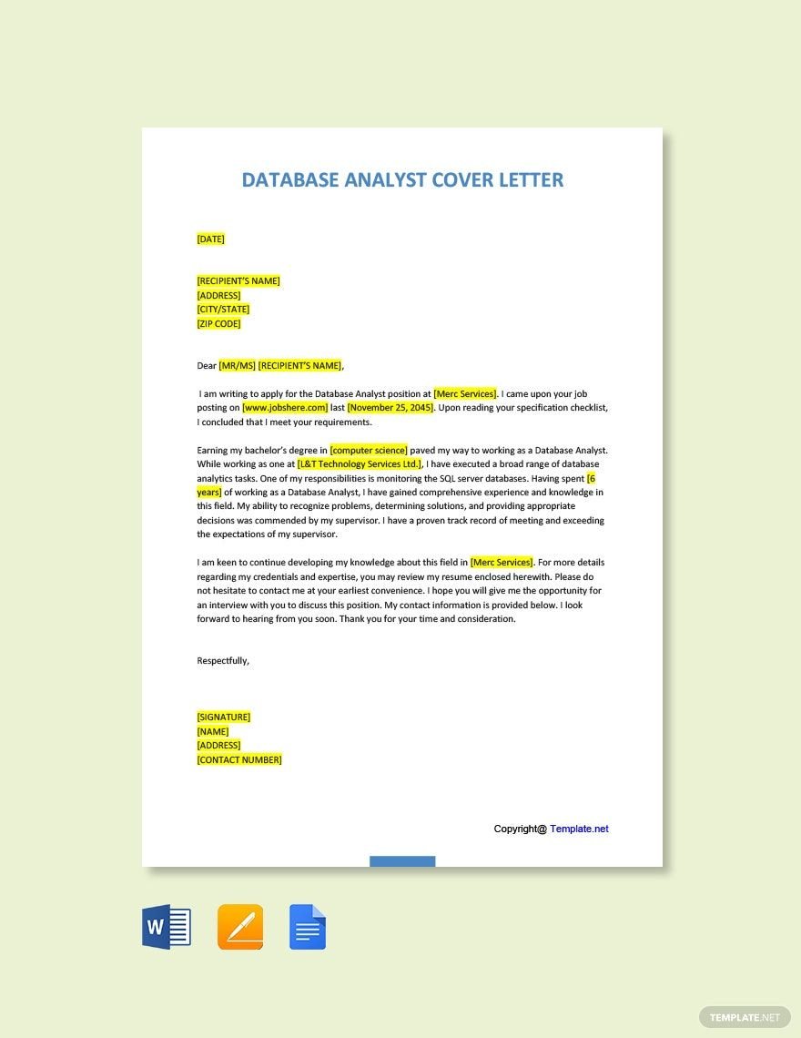 Database Analyst Cover Letter Template