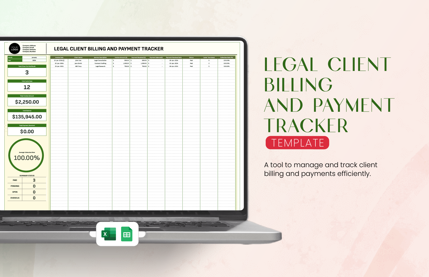 Legal Client Billing and Payment Tracker Template in Excel, Google Sheets