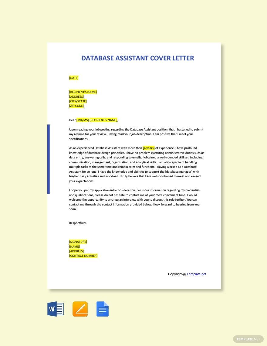 Database Assistant Cover Letter Template