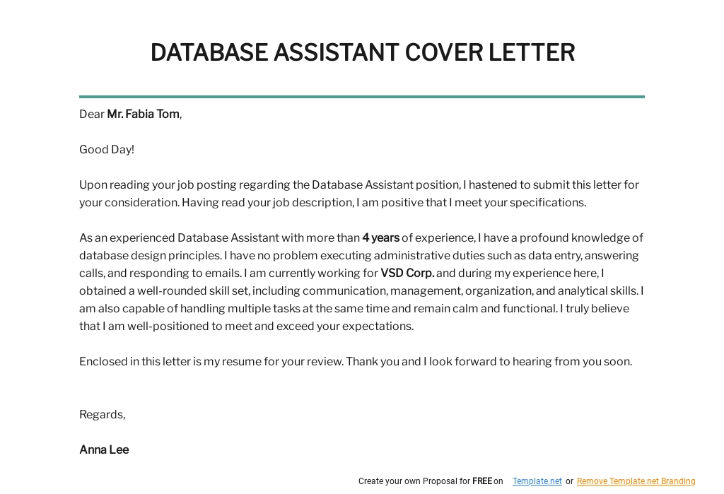 Free Database Assistant Cover Letter Template.jpe