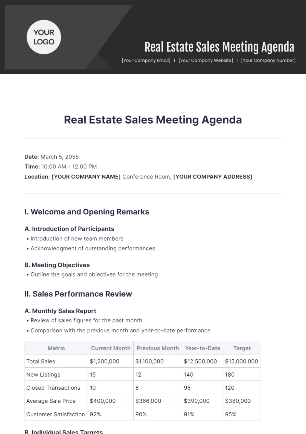 Real Estate Sales Meeting Agenda Template