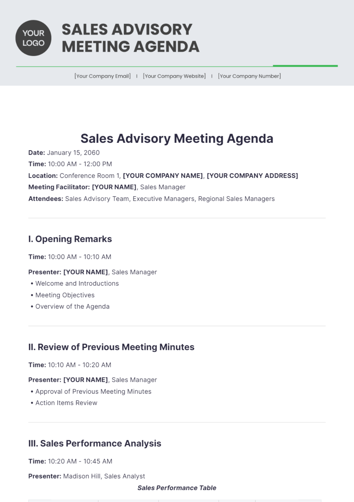 Sales Advisory Meeting Agenda Template