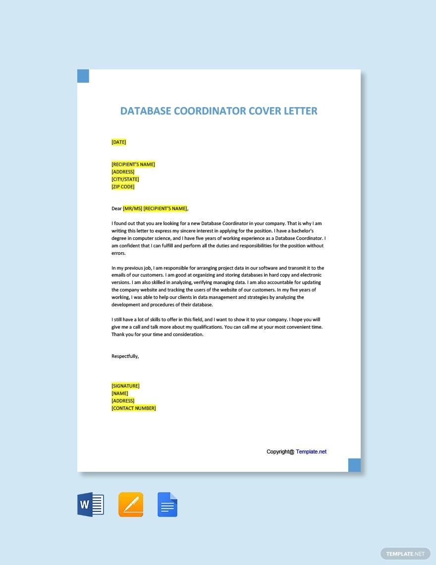 Database Coordinator Cover Letter Template
