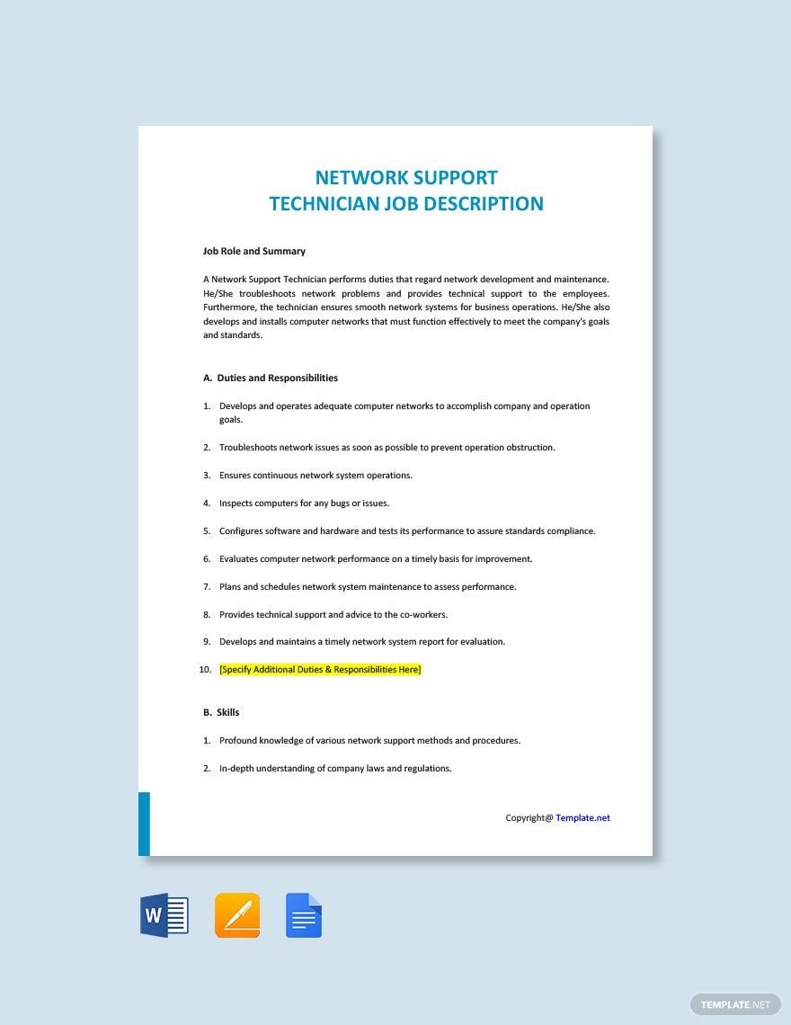 Network Support Technician Job Ad/Description Template