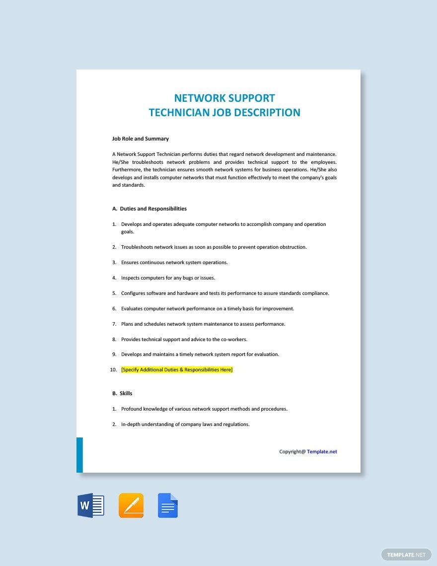 FREE Support Technician Template Download In Word Google Docs PDF   Network Support Technician Job Description 1 