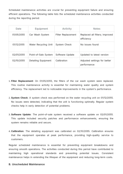 Free Car Wash Maintenance Report Outline Template to Edit Online