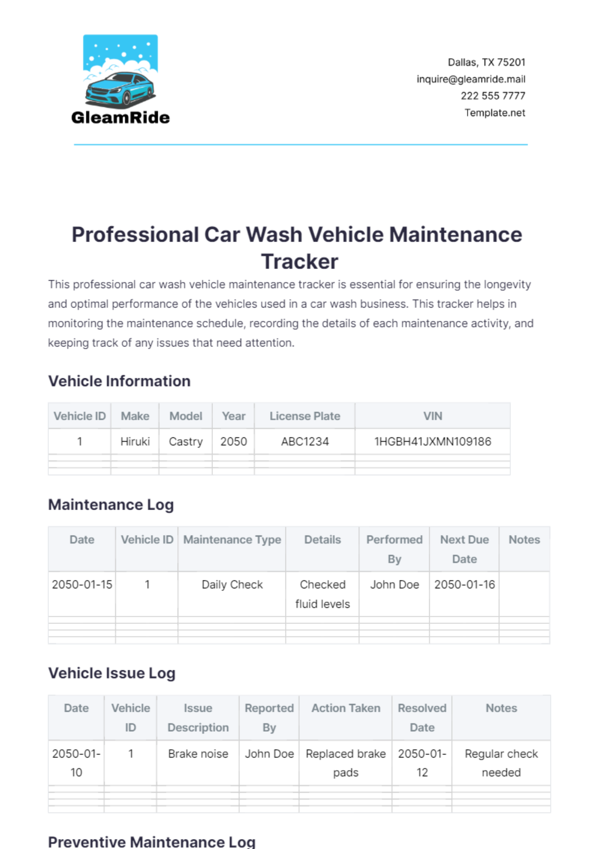 Professional Car Wash Vehicle Maintenance Tracker Template - Edit Online & Download