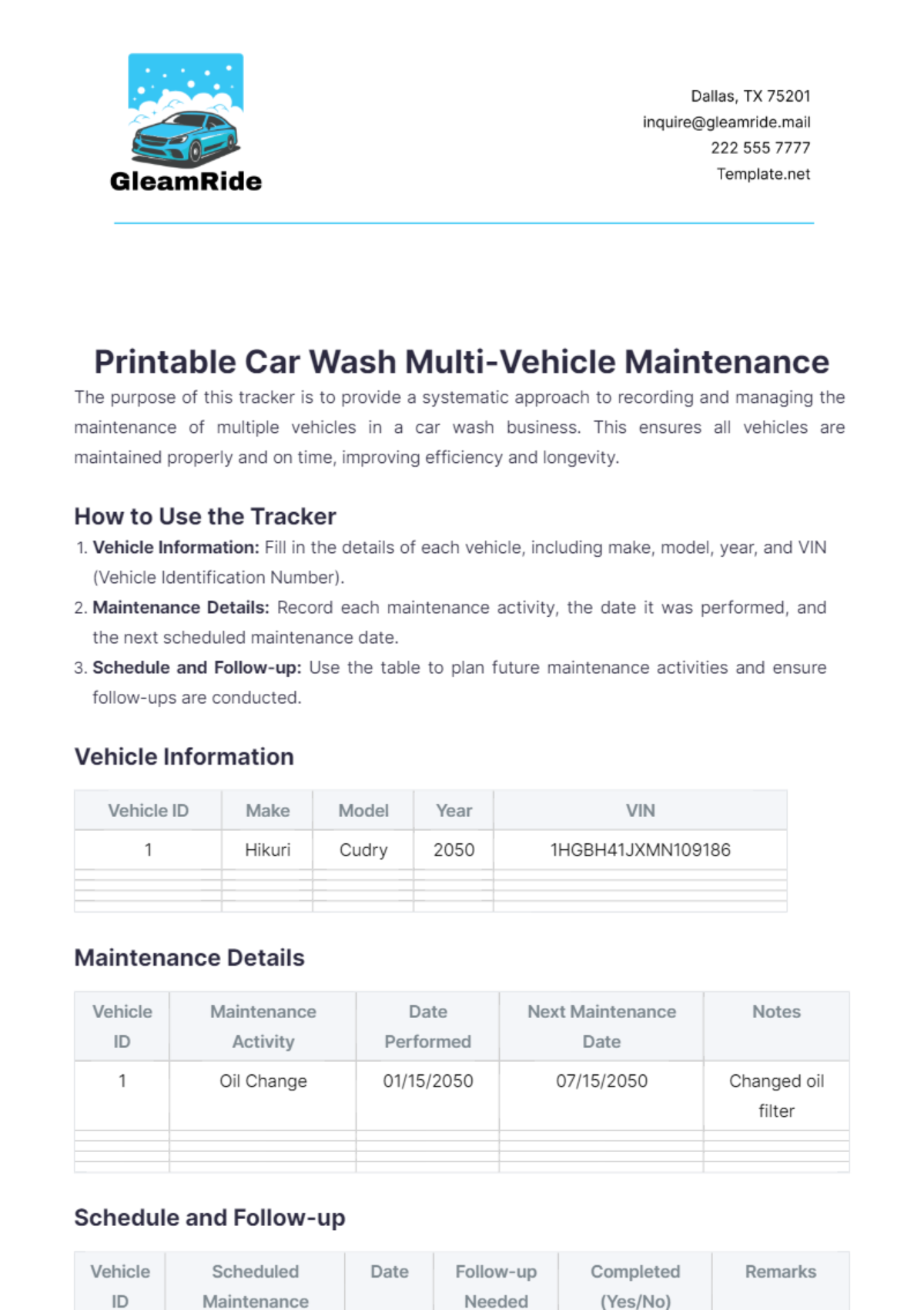 Printable Car Wash Multi-Vehicle Maintenance Template - Edit Online & Download