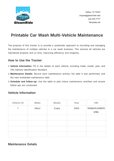 Free Printable Car Wash Multi-Vehicle Maintenance Template to Edit Online