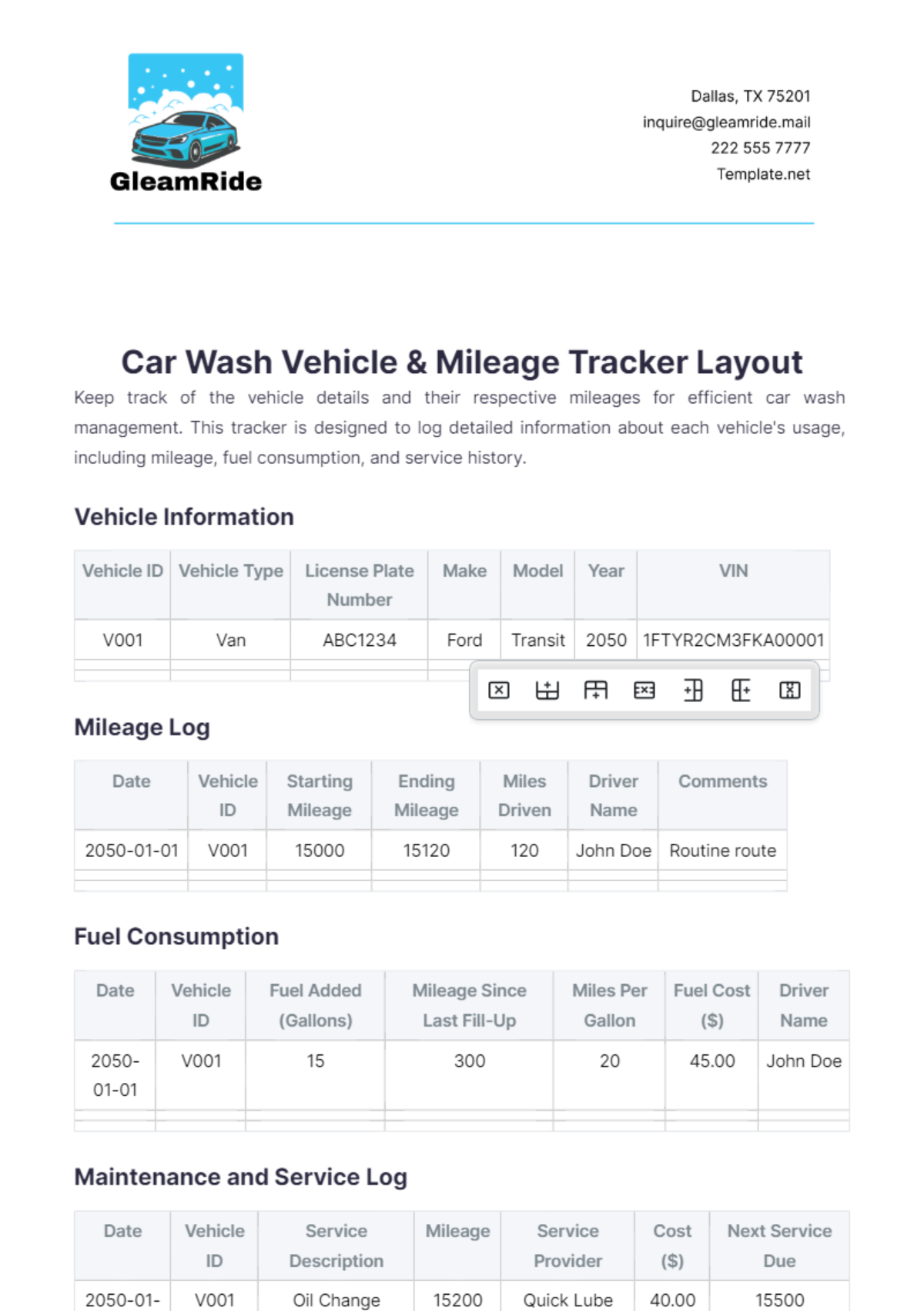 Car Wash Vehicle & Mileage Tracker Layout Template - Edit Online & Download