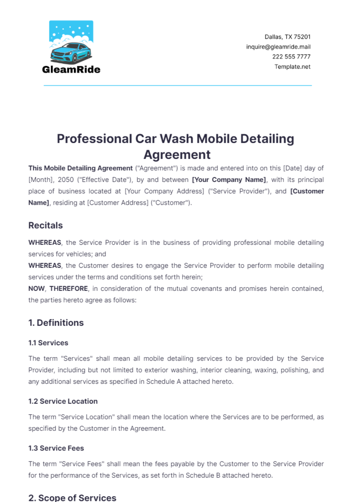 Professional Car Wash Mobile Detailing Agreement Template - Edit Online & Download