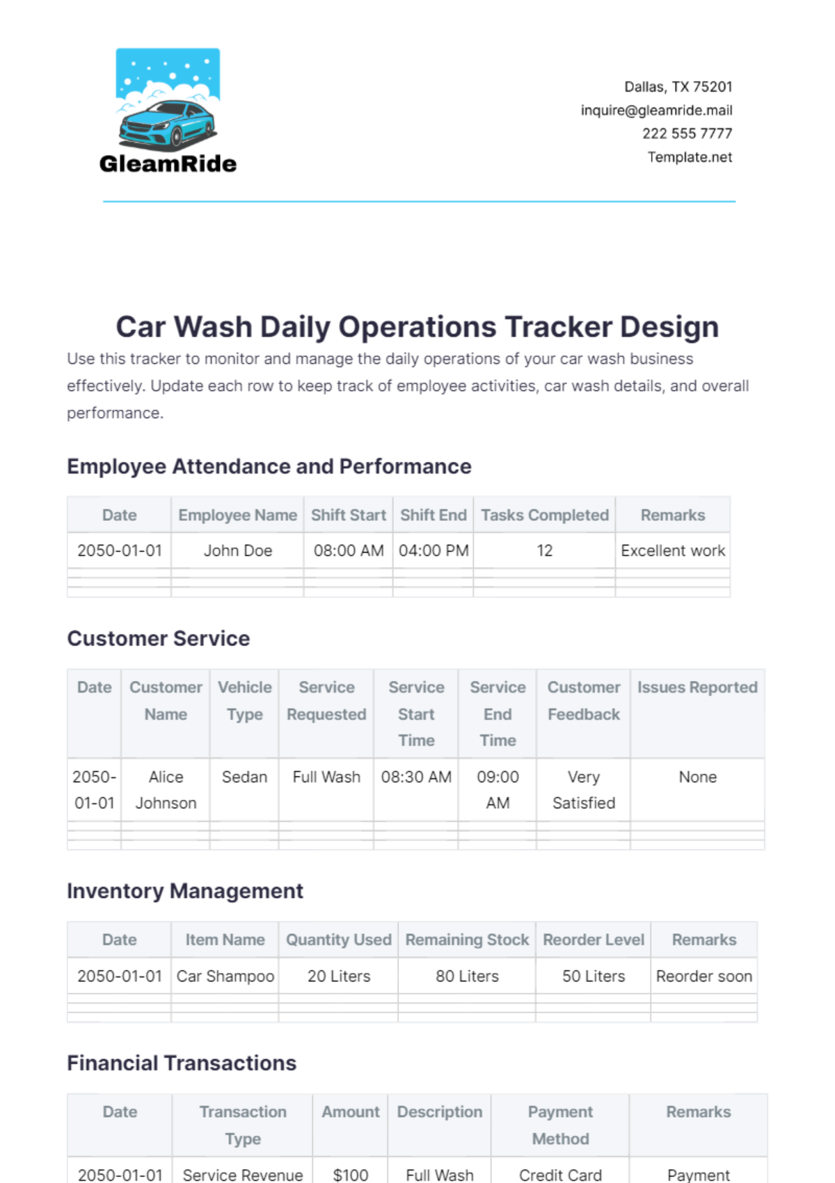 Car Wash Daily Operations Tracker Design Template - Edit Online & Download