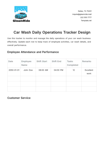 Free Car Wash Daily Operations Tracker Design Template to Edit Online