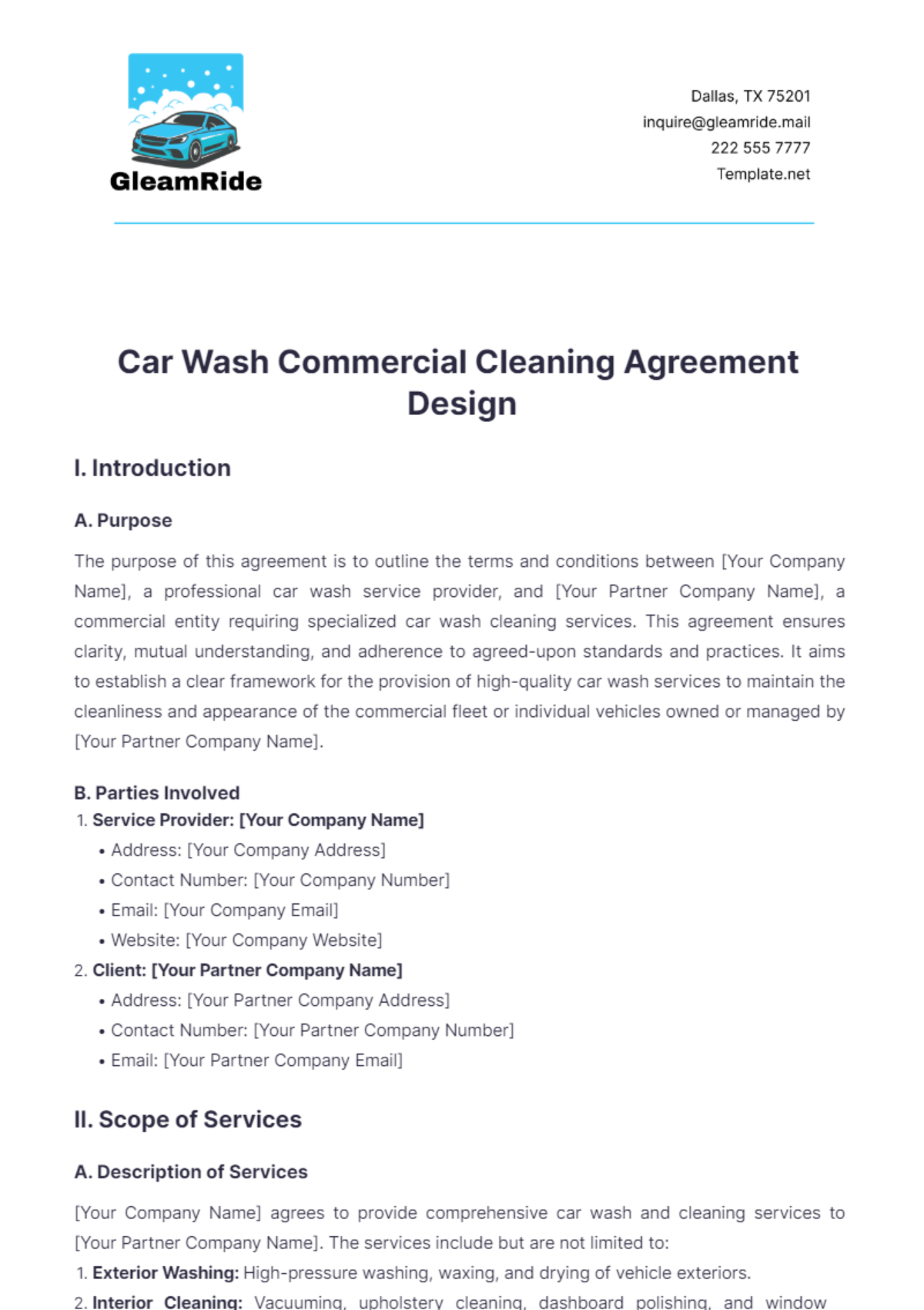 Car Wash Commercial Cleaning Agreement Design Template - Edit Online & Download