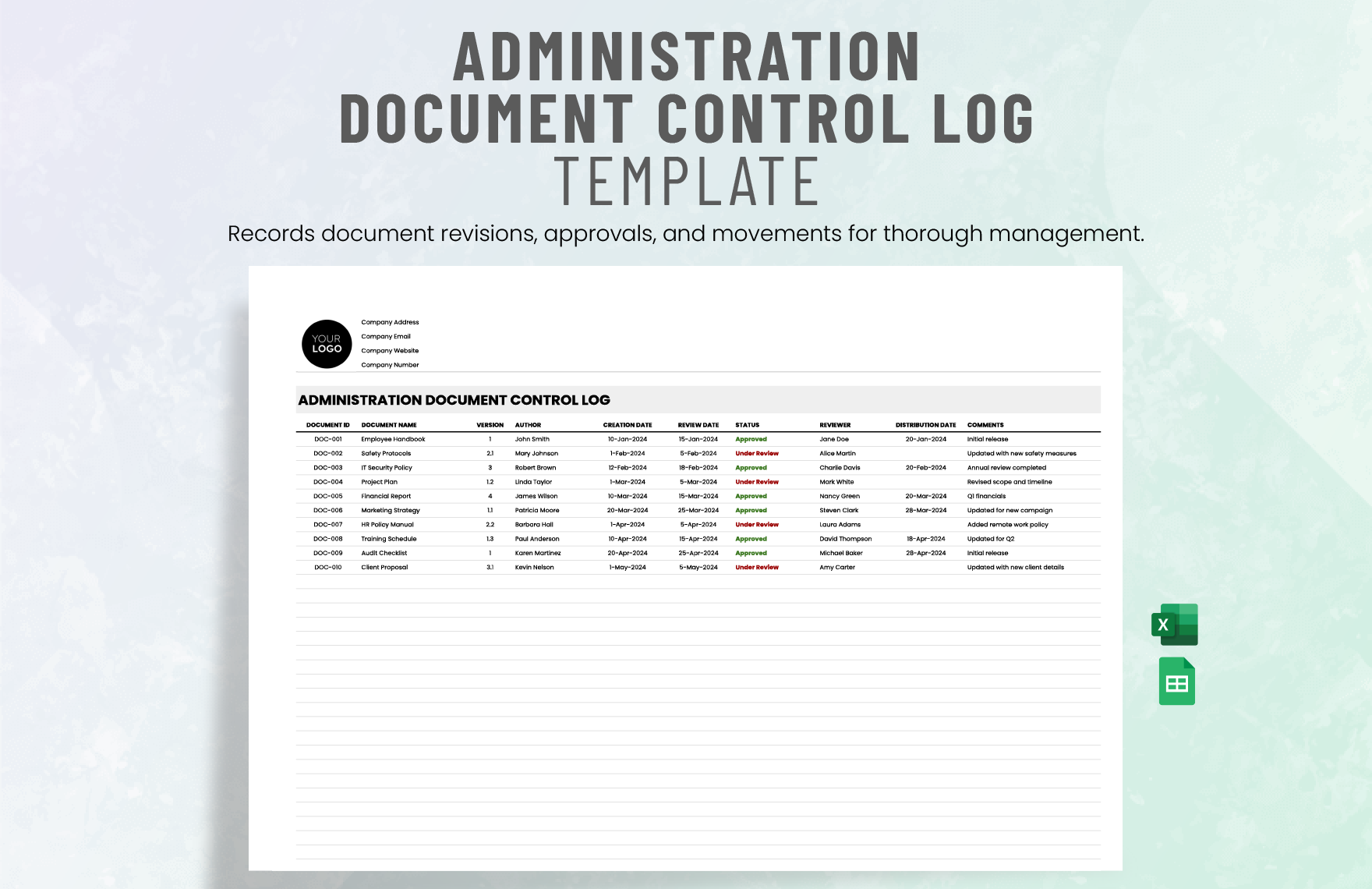 Free Administration Document Control Log Template in Excel, Google Sheets