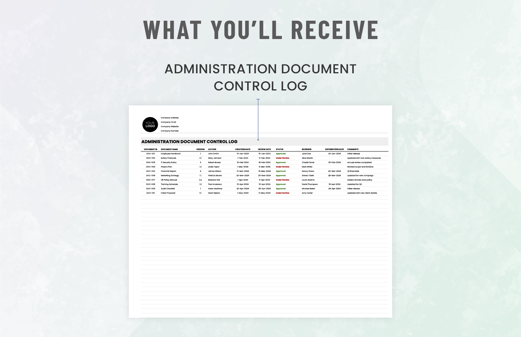 Administration Document Control Log Template