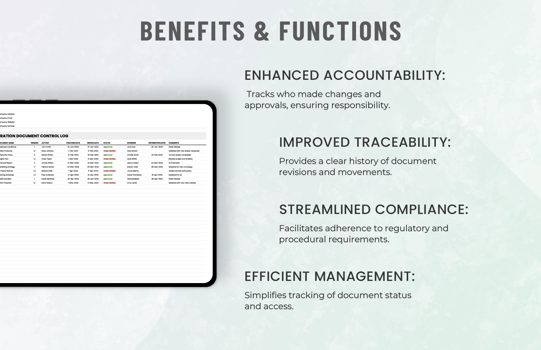 Administration Document Control Log Template