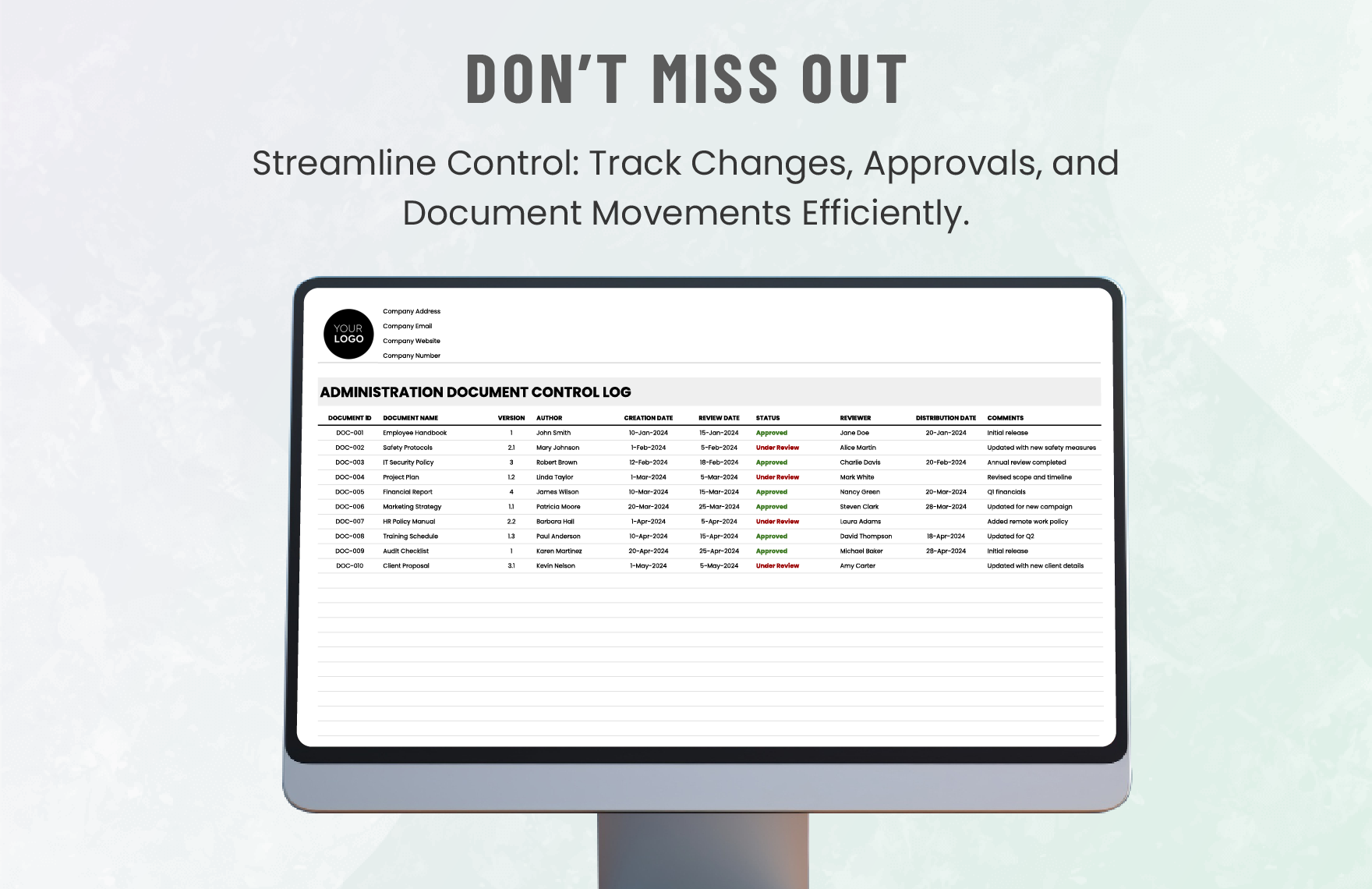 Administration Document Control Log Template