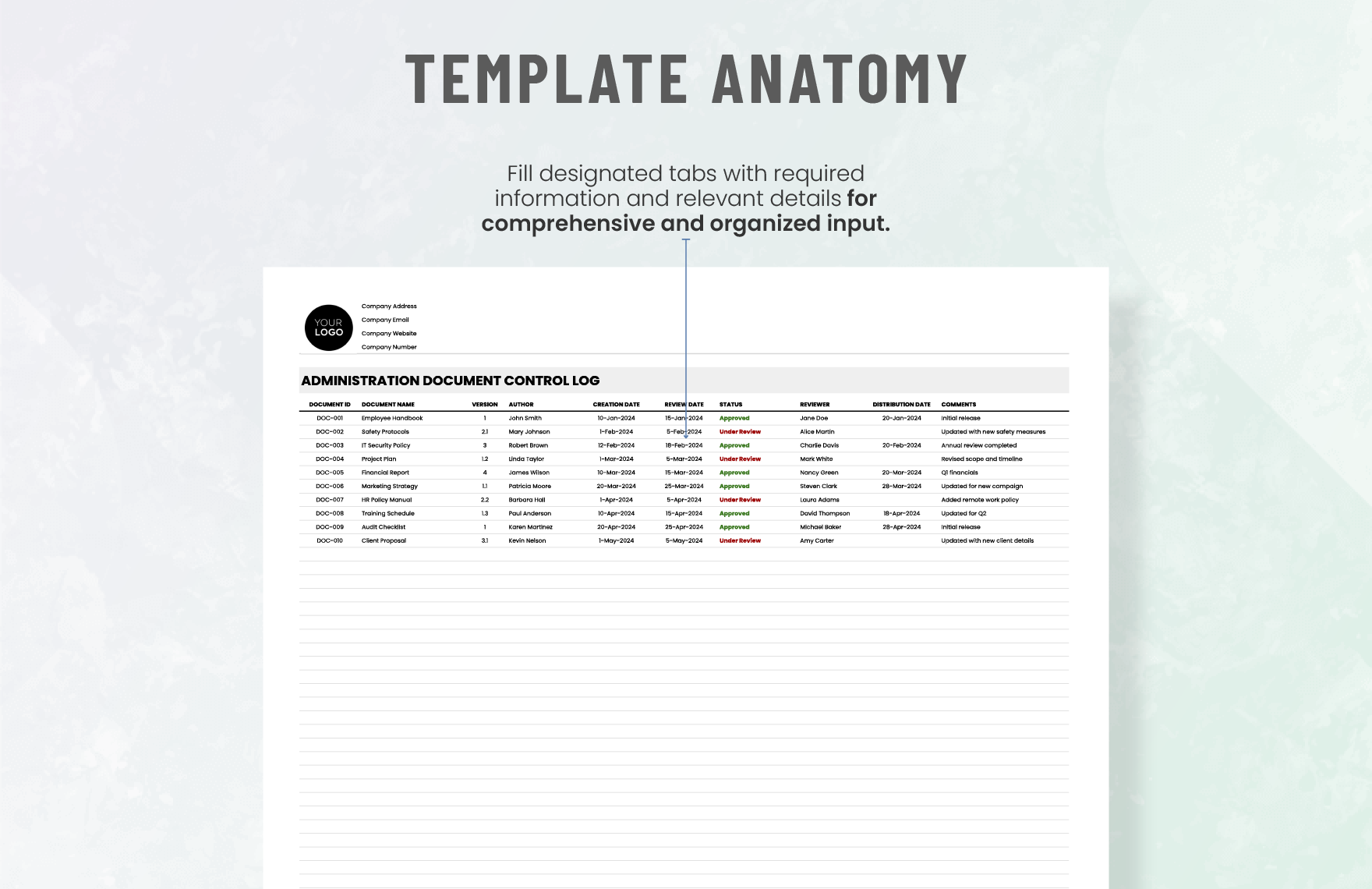 Administration Document Control Log Template