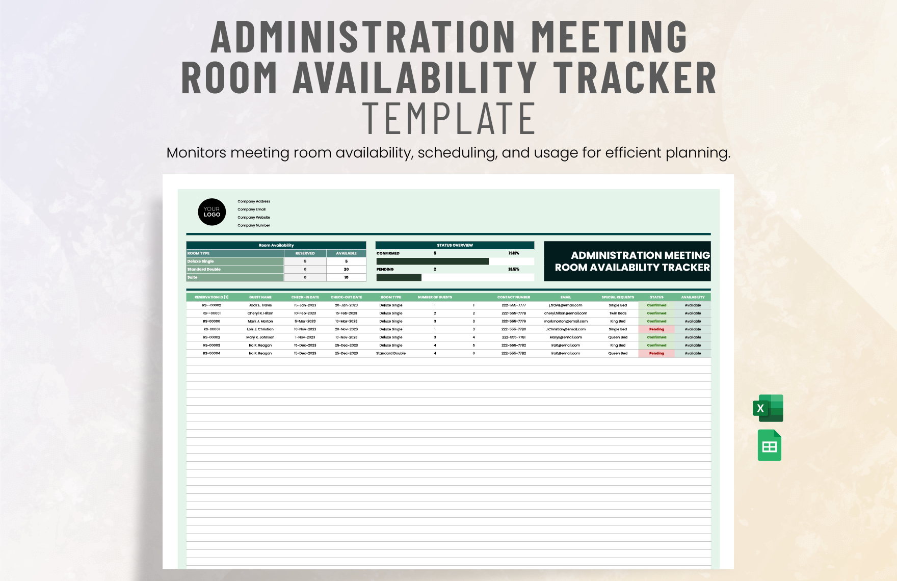 Administration Meeting Room Availability Tracker Template in Excel, Google Sheets
