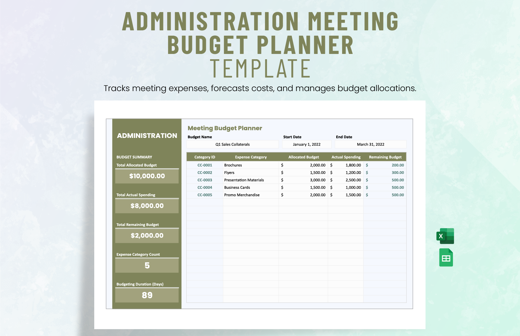 Administration Meeting Budget Planner Template in Excel, Google Sheets