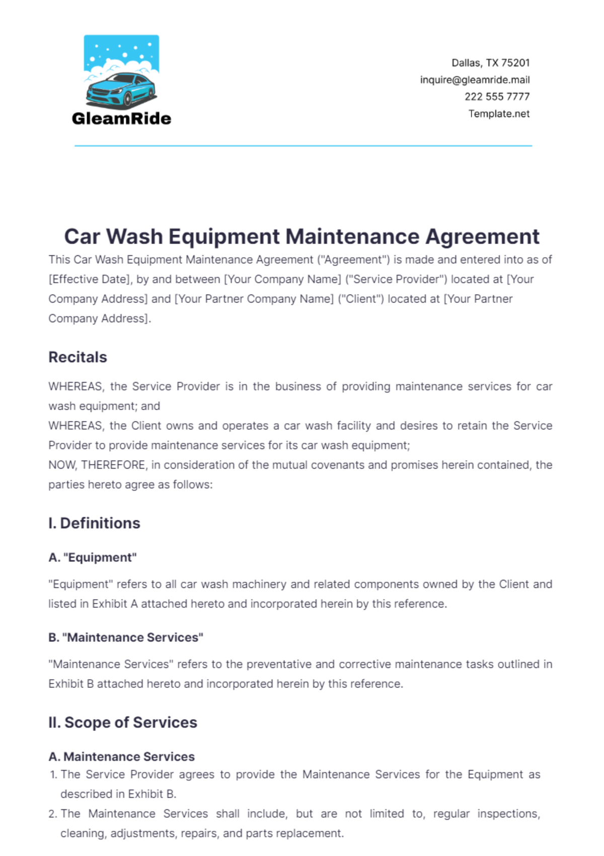 Car Wash Equipment Maintenance Agreement Template - Edit Online & Download