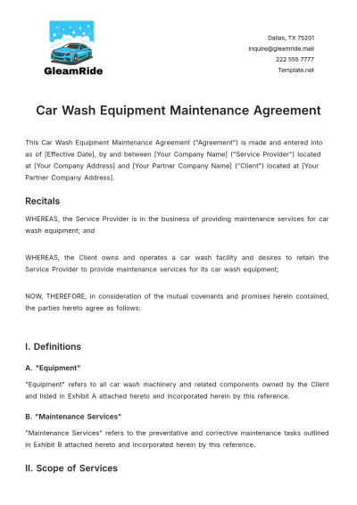 Free Car Wash Equipment Maintenance Agreement Template to Edit Online