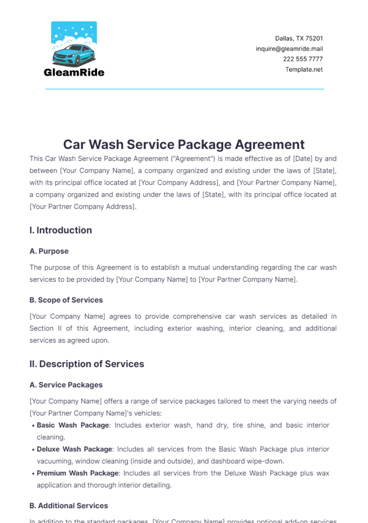 Car Wash Service Package Agreement Template - Edit Online & Download